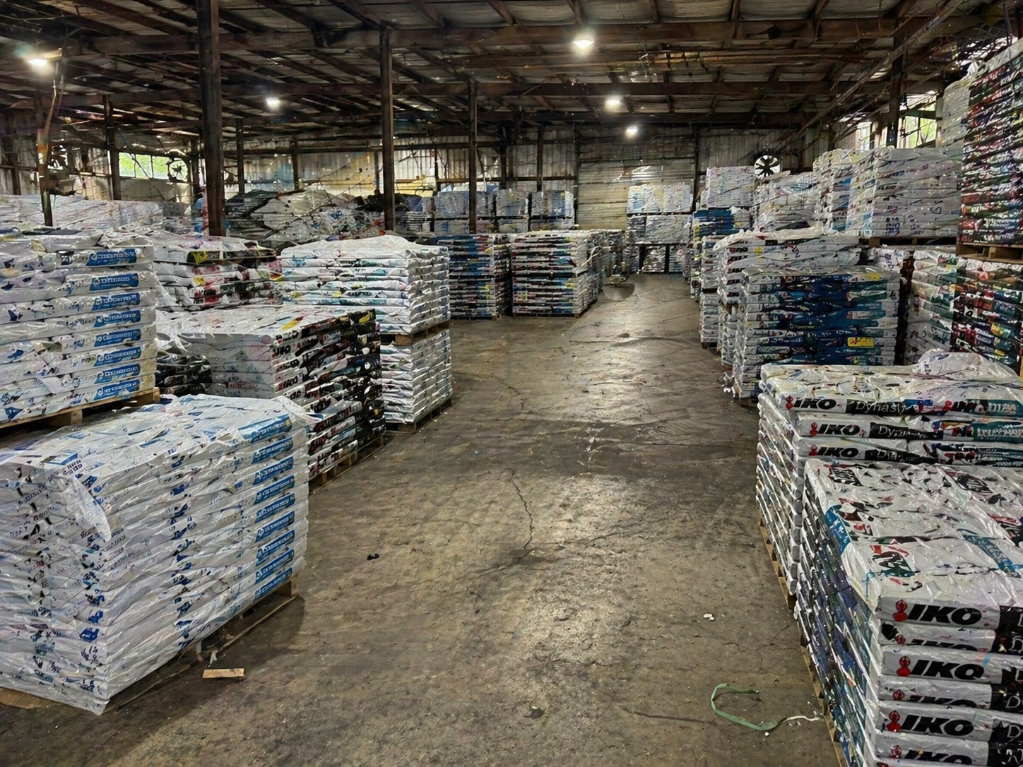 Rows of pallets stacked with shingle bundles
